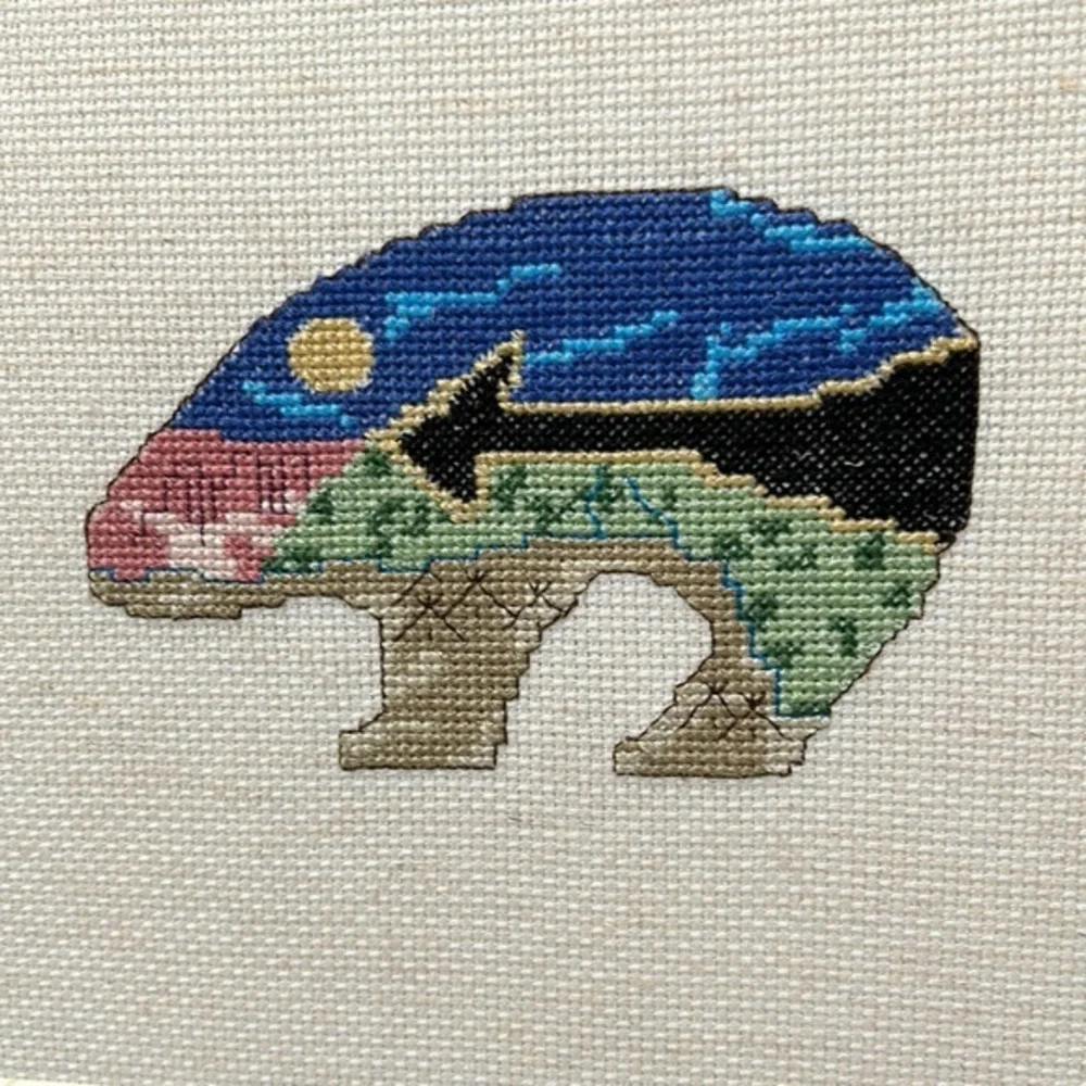 Handmade Counted Cross Stitch Southwest Bear Framed and Matted Picture